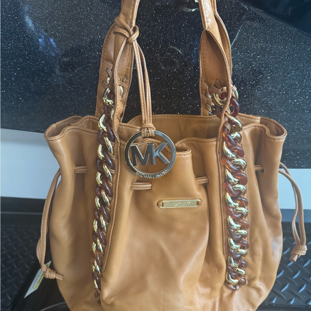 Michael Kors Tan Pebbled Leather Tote with Chain Accents